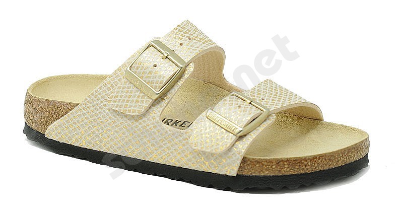 birkenstock arizona two strap sandals shiny python eggshell gold